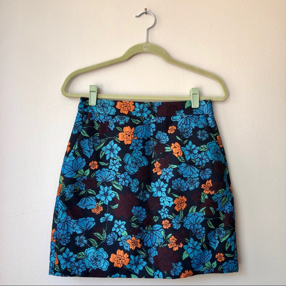 LOFT Floral A-Line Skirt in Blue and Orange on Dark Background